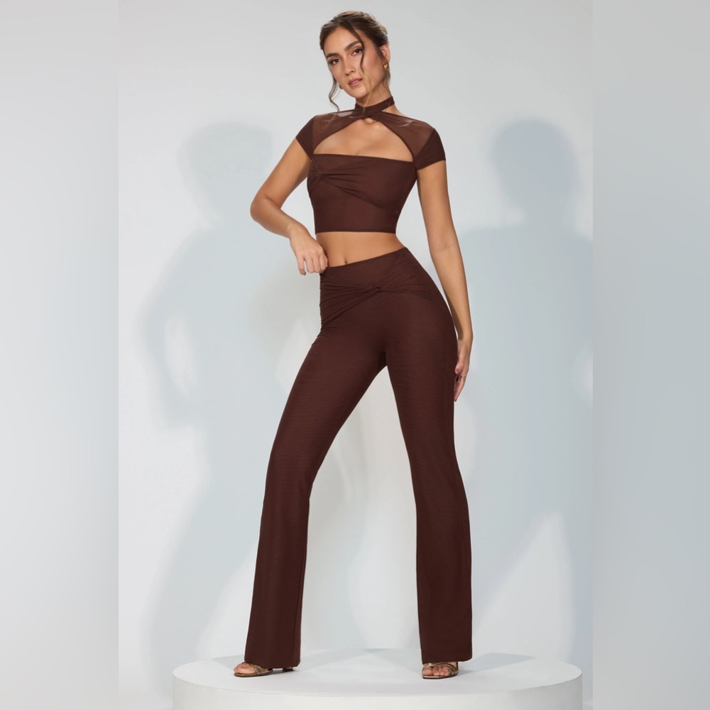 RIDLEY
Mesh Mid Rise Twist Overlay Flare Trousers in Espresso